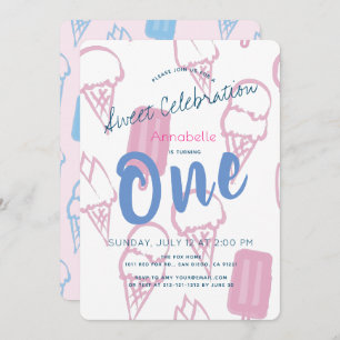 Pastel Pink Ice Cream Girl 1st Birthday Invitation