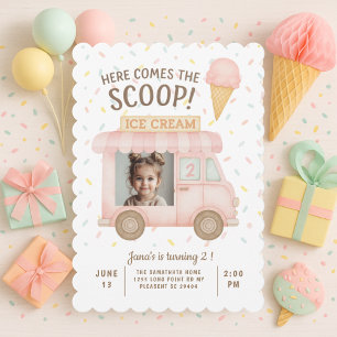 Pastel Pink Ice Cream Truck Photo Birthday Invitation