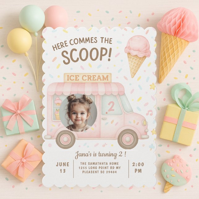 Pastel Pink Ice Cream Truck Photo Birthday  Invitation (Creator Uploaded)
