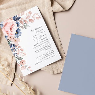 Pastel Pink Indigo Blue Floral Bloom Baby Shower Invitation