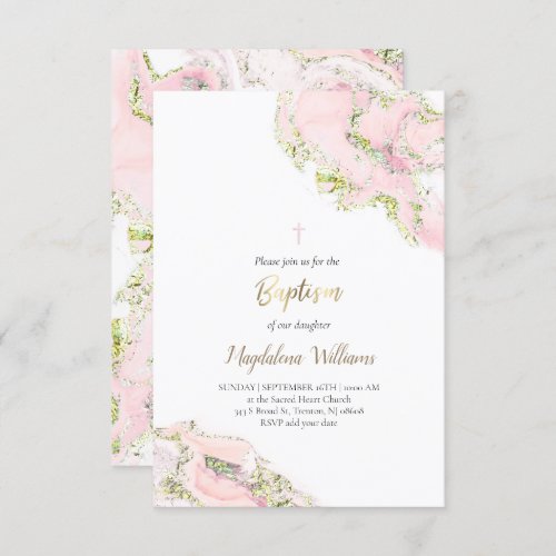 pastel pink ink and FAUX glitter  Baptism Invitation