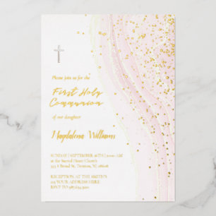 pastel pink ink and FAUX glitter   First Communion Foil Invitation