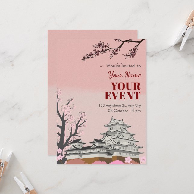 Pastel pink japanese blossom  invitation (Front/Back In Situ)