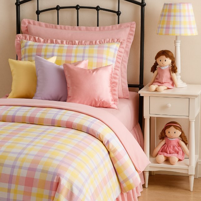 Pastel  Pink Lavender Plaid  Duvet Cover (Pastel plaid duvet with pink reverse soft, cozy charm for guest rooms or grandkid sleepovers.)