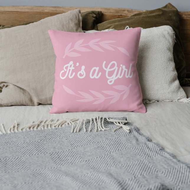 Pastel Pink leaves  - It's a Girl      Throw Pillow (Creator Uploaded)