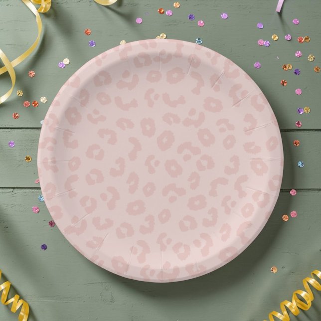Pastel Pink Leopard Print Wild One Party Paper Plates (Pastel pink leopard print plate with confetti on a sage green table for a birthday.)