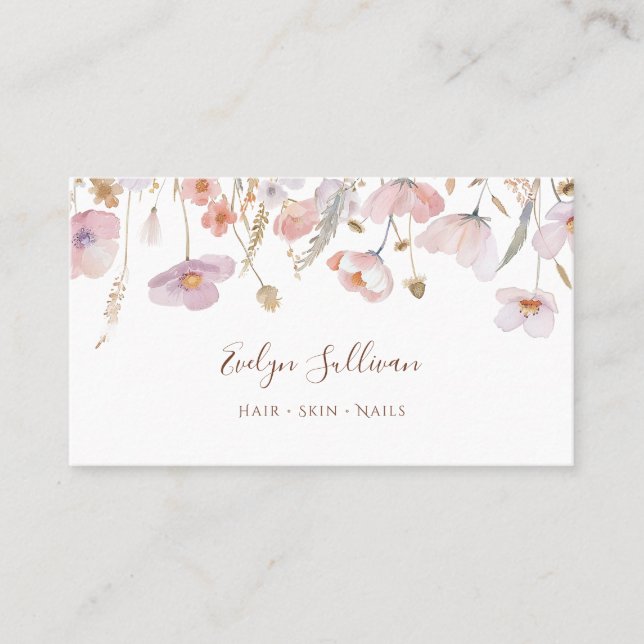 Pastel pink lilac wildflowers business card (Front)