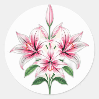 Pastel Pink Lilies with Art Deco Style Classic Round Sticker