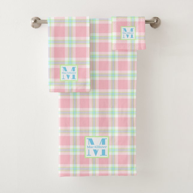 Pastel Pink Lime Green White Plaid Monogram Name Bath Towel Set (Insitu)