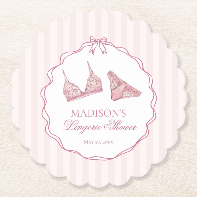 Pastel Pink Lingerie Shower Lace Bachelorette Paper Coaster (Front)