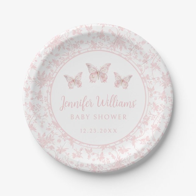 Pastel pink little butterfly baby girl shower paper plates (Front)