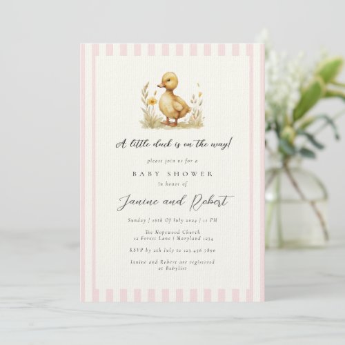 Pastel Pink Little Duck is on the Way Baby Shower Invitation