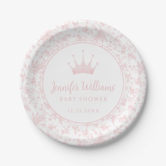 Pastel pink little princess crown baby girl shower paper plates (Front)