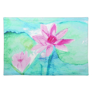 Pastel Pink Lotus Flowers Watercolor Cloth Placemat