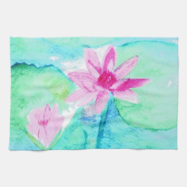 Pastel Pink Lotus Flowers Watercolor Kitchen Towel (Horizontal)