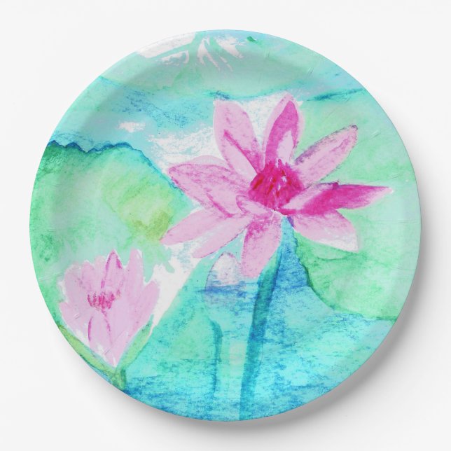 Pastel Pink Lotus Flowers Watercolor Paper Plates (Front)