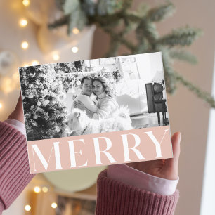 Pastel Pink Merry & Family Photo Happy Holiday Postcard