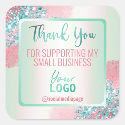 Pastel Pink Mint Blue Thank You Business Logo Square Sticker
