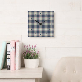 Pastel Pink Mint Green Dark Blue Plaid Pattern Square Wall Clock