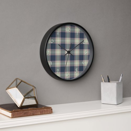 Pastel Pink Mint Green Dark Blue Plaid Pattern Wall Clock