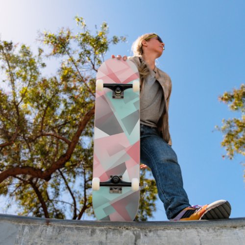 Pastel Pink Mint Green Gray White Polygon Pattern Skateboard