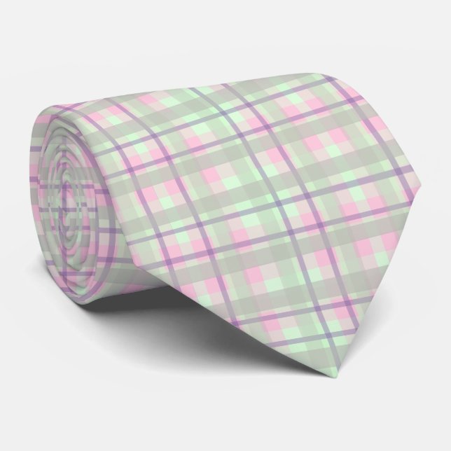 Pastel Pink Mint Green Plaid Tartan Spring Neck Tie (Rolled)