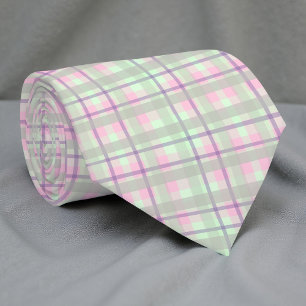 Pastel Pink Mint Green Plaid Tartan Spring Neck Tie