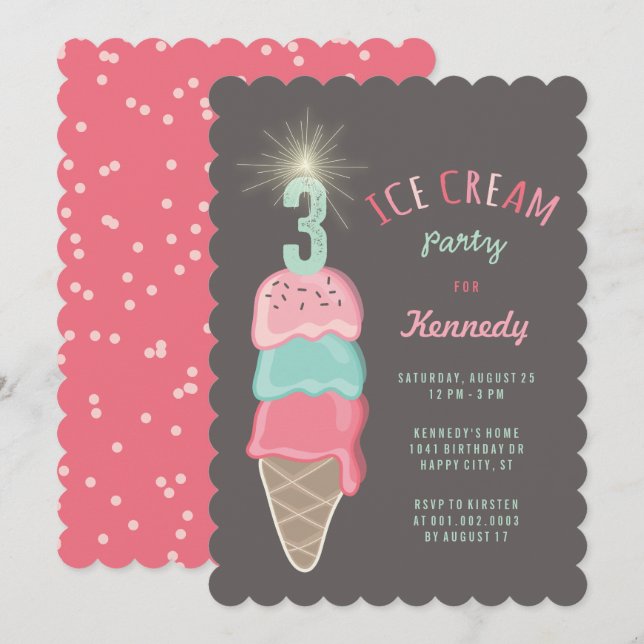 Pastel Pink Mint Ice Cream Girl 3rd Birthday Party Invitation (Front/Back)