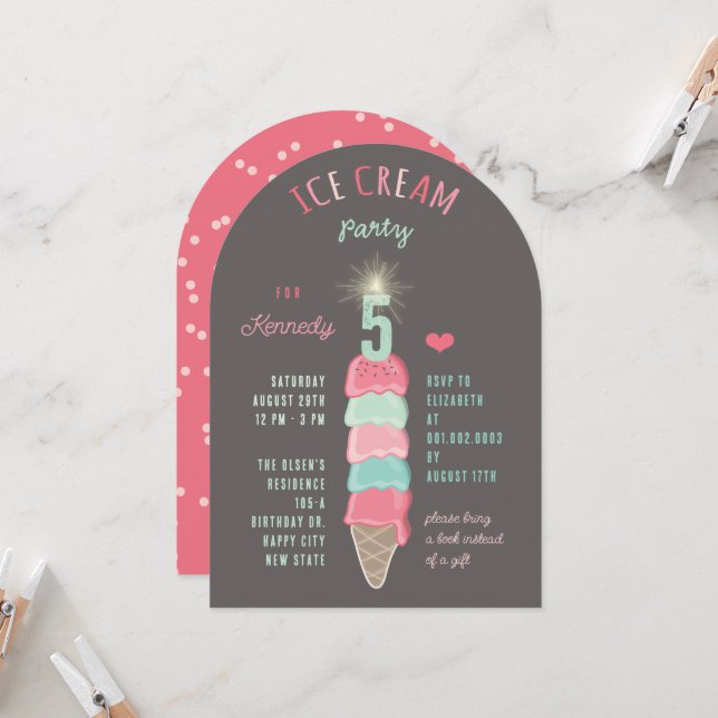 Pastel Pink Mint Ice Cream Girl 5th Birthday Party Invitation (Front/Back In Situ)