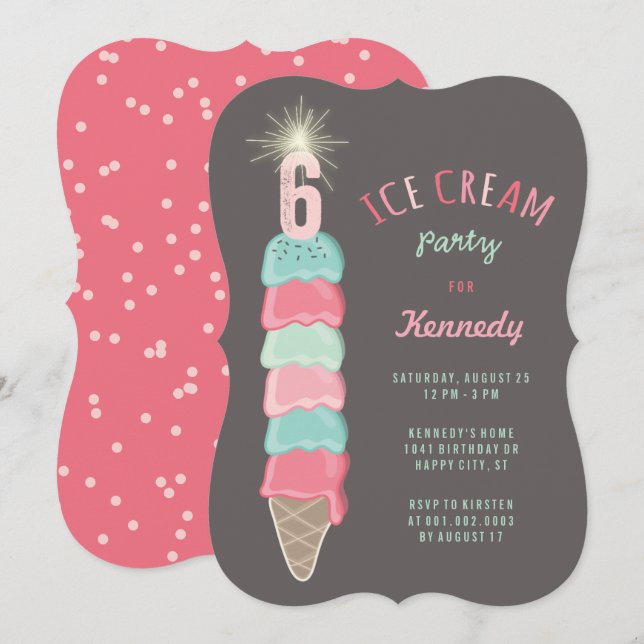 Pastel Pink Mint Ice Cream Girl 6th Birthday Party Invitation (Front/Back)