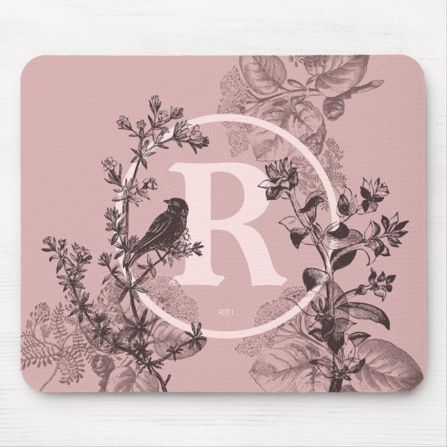 Pastel Pink Monogram Bird and Floral Design Mouse Pad (Front)