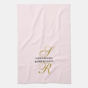 Pastel Pink Monogram Gold Black Name Minimalist Kitchen Towel