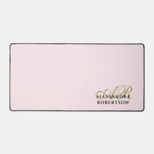 Pastel Pink Monogram Gold Black Stylish Minimalist Desk Mat