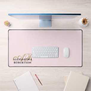 Pastel Pink Monogram Stylish Gold Black Minimalist Desk Mat