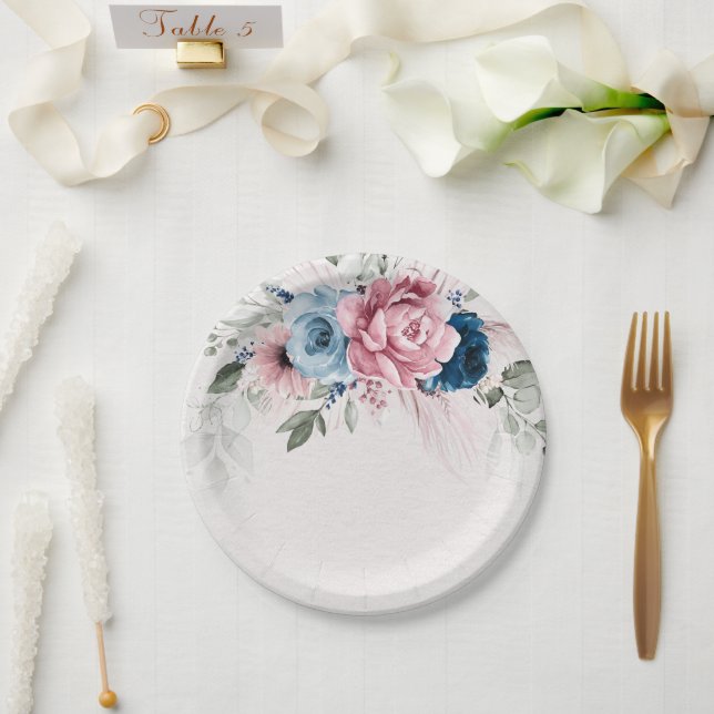 Pastel Pink Navy Blue Pampas Grass Rustic Wedding  Paper Plates (Wedding)