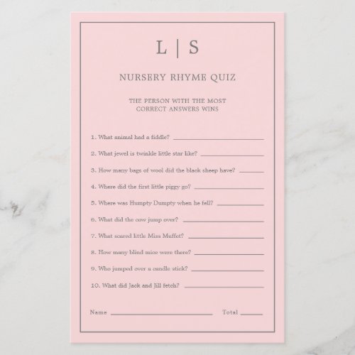 Pastel Pink Nursery Rhyme Quiz Baby Shower Game