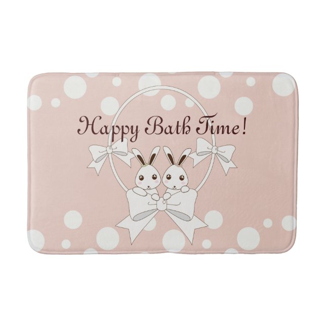 Pastel Pink Off-White Ribbon and Cute Twin Bunny Bath Mat (Front)