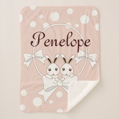 Pastel Pink Off_White Ribbon and Cute Twin Bunny Sherpa Blanket