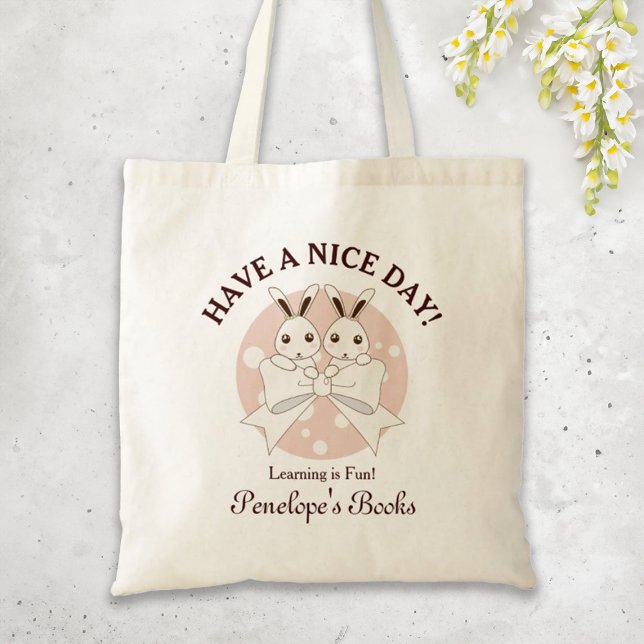 Pastel Pink Off-White Ribbon and Cute Twin Bunny Tote Bag (Creator Uploaded)