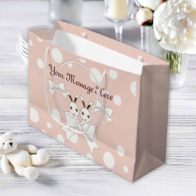 Pastel Pink Off-White Ribbon and Twin Bunny Large Gift Bag (Creator Uploaded)