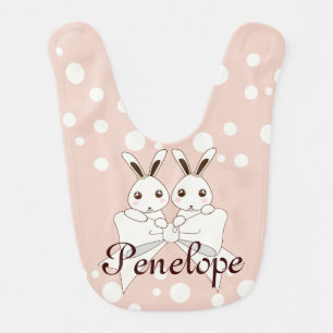 Pastel Pink Off-White Ribbon Cute Twin Bunny Girl Baby Bib