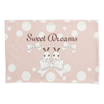 Pastel Pink Off-white Ribbon Cute Twin Bunny Girl Pillow Case by WindUpEgg at Zazzle