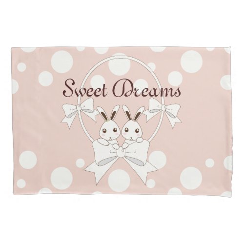 Pastel Pink Off_White Ribbon Cute Twin Bunny Girl Pillow Case