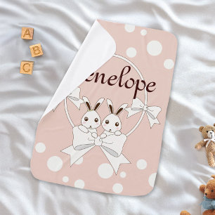 Pastel Pink Off-White Ribbon Cute Twin Bunny Girl Swaddle Blanket