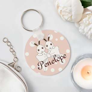 Pastel Pink Off-White Ribbon Cute Twin Bunny Keychain
