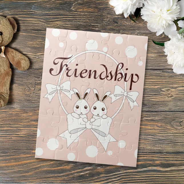 Pastel Pink Off-White Ribbon Cute Twin Bunny Kids Jigsaw Puzzle (Creator Uploaded)