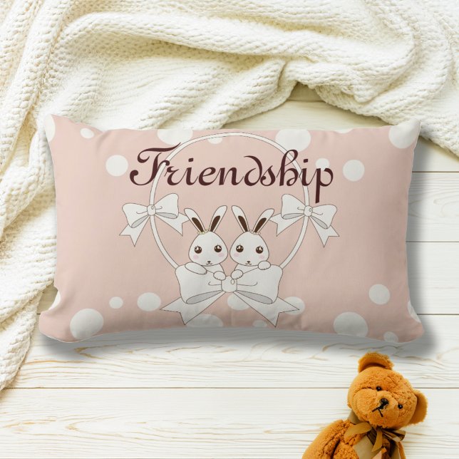 Pastel Pink Off-White Ribbon Cute Twin Bunny Kids Lumbar Pillow (Creator Uploaded)