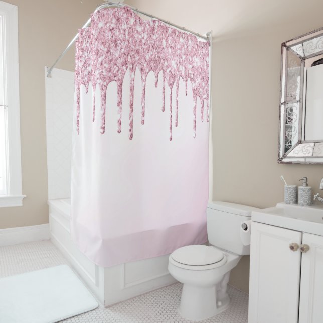 *~* Pastel Pink Ombre Violet Glitter Drip AP7 Shower Curtain (In Situ)