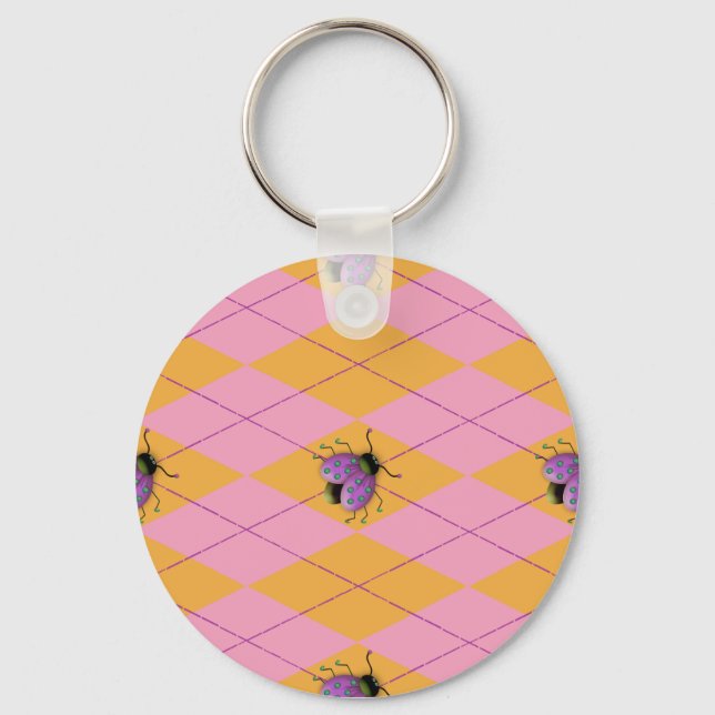 Pastel Pink & Orange Argyle Ladybug Keychain (Front)