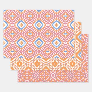 Pastel Pink Orange Moroccan Geometric Patterns Wrapping Paper Sheets